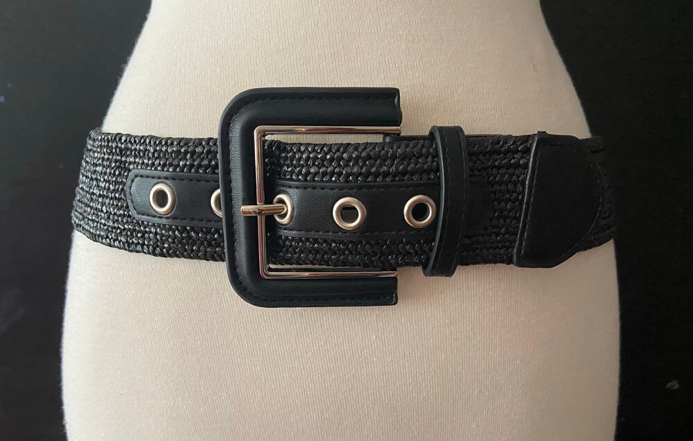 NINE WEST Wide Black Stretch Raffia Waist Belt sz M/L
